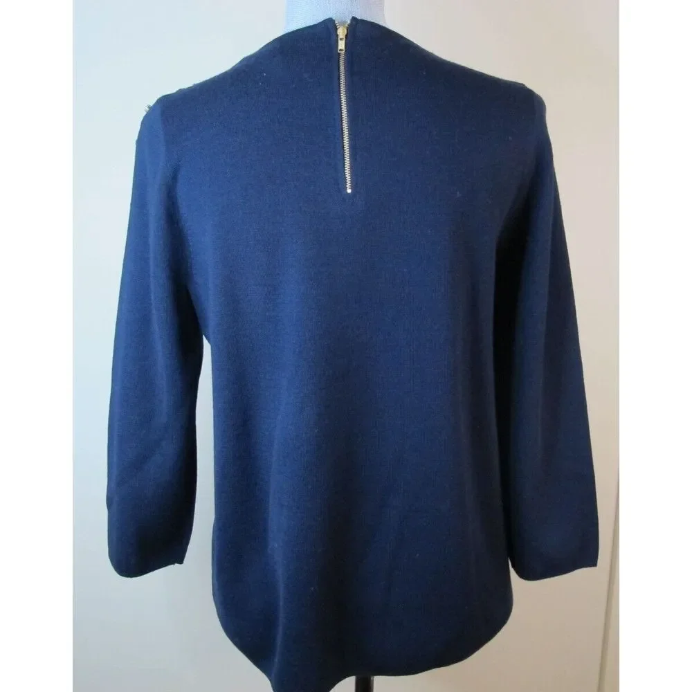J. Crew‎ Sweater Women's Medium Blue Jeweled Merino Wool Blend Pullover